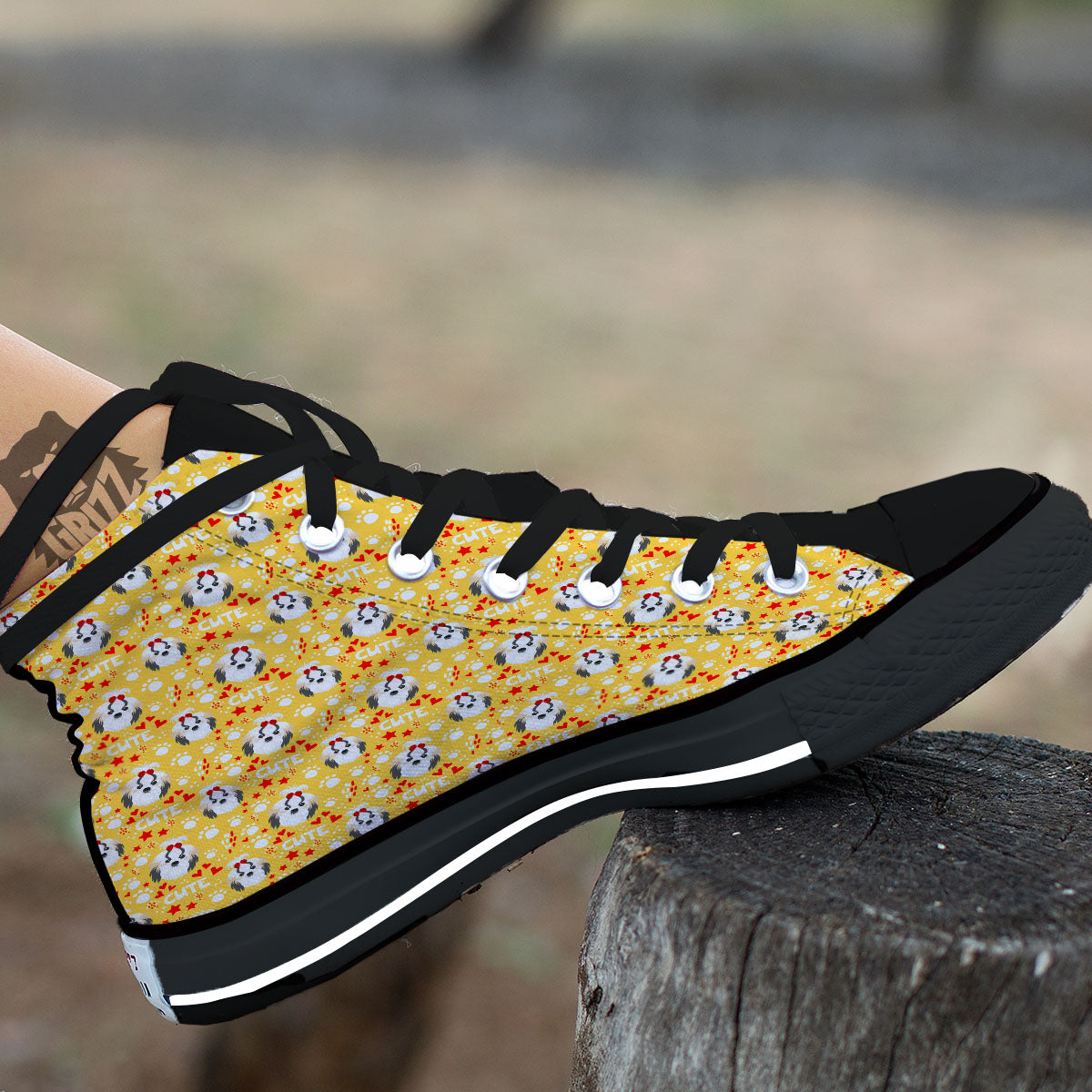 Shih Tzu Cartoon Print Pattern Black High Top Shoes-grizzshop