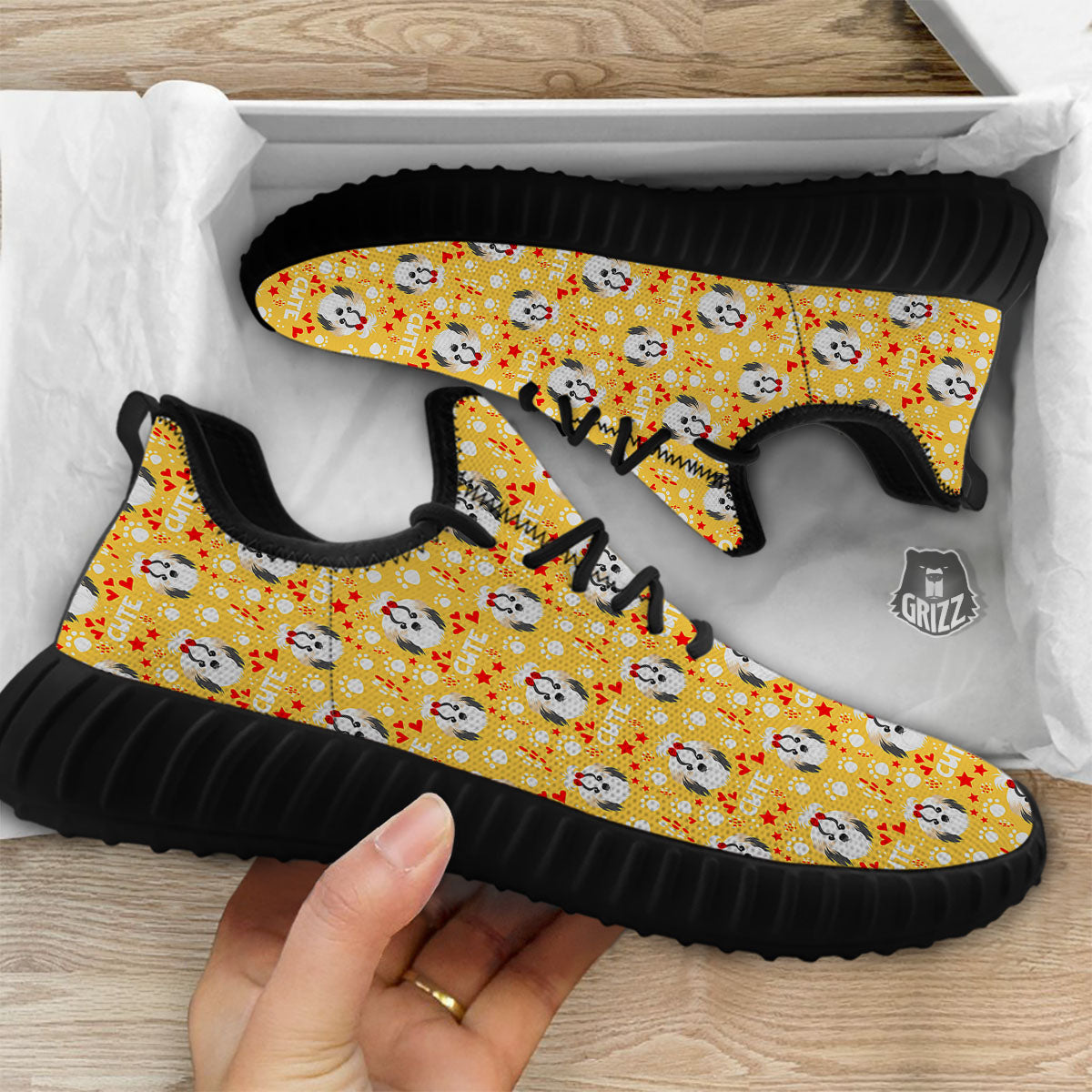 Shih Tzu Cartoon Print Pattern Black Walking Shoes-grizzshop