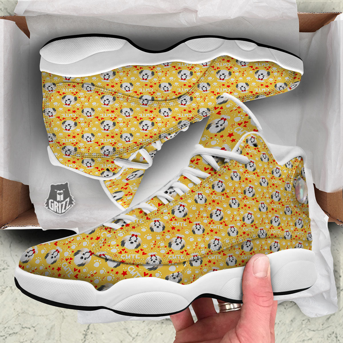 Shih Tzu Cartoon Print Pattern White Basketball Shoes-grizzshop