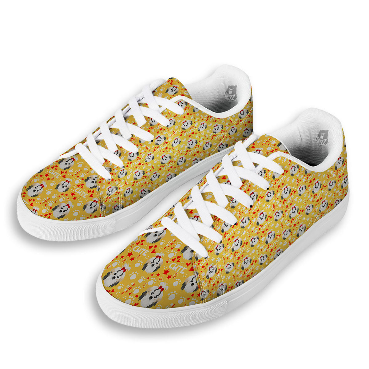 Shih Tzu Cartoon Print Pattern White Low Top Sneakers-grizzshop