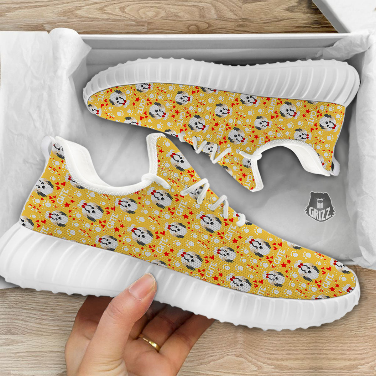 Shih Tzu Cartoon Print Pattern White Walking Shoes-grizzshop