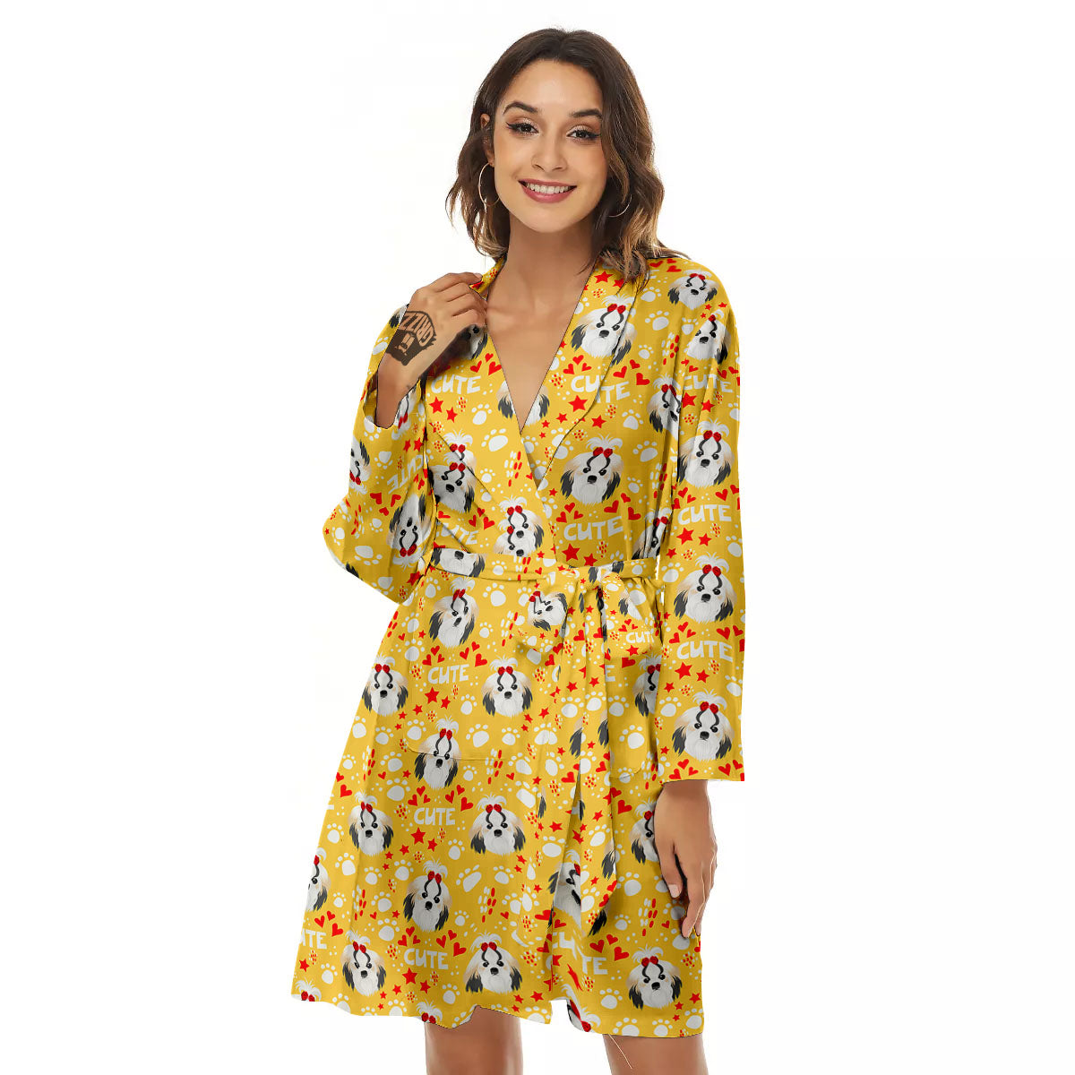 Shih Tzu Cartoon Print Pattern Women's Robe-grizzshop