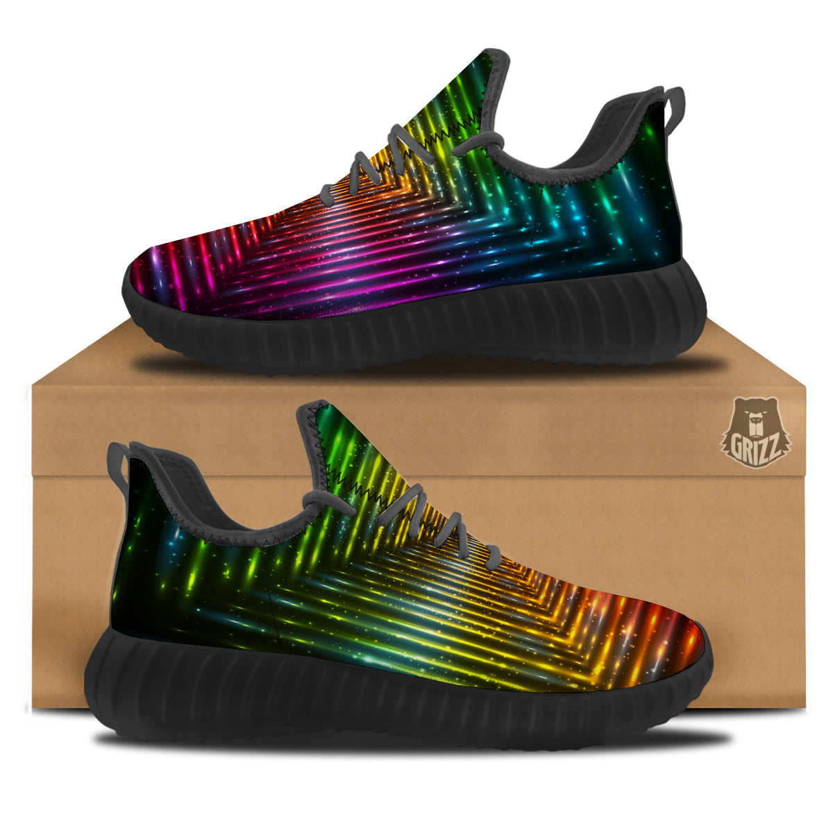 Shining Lights Rainbow Colors Neon Print Black Walking Shoes-grizzshop
