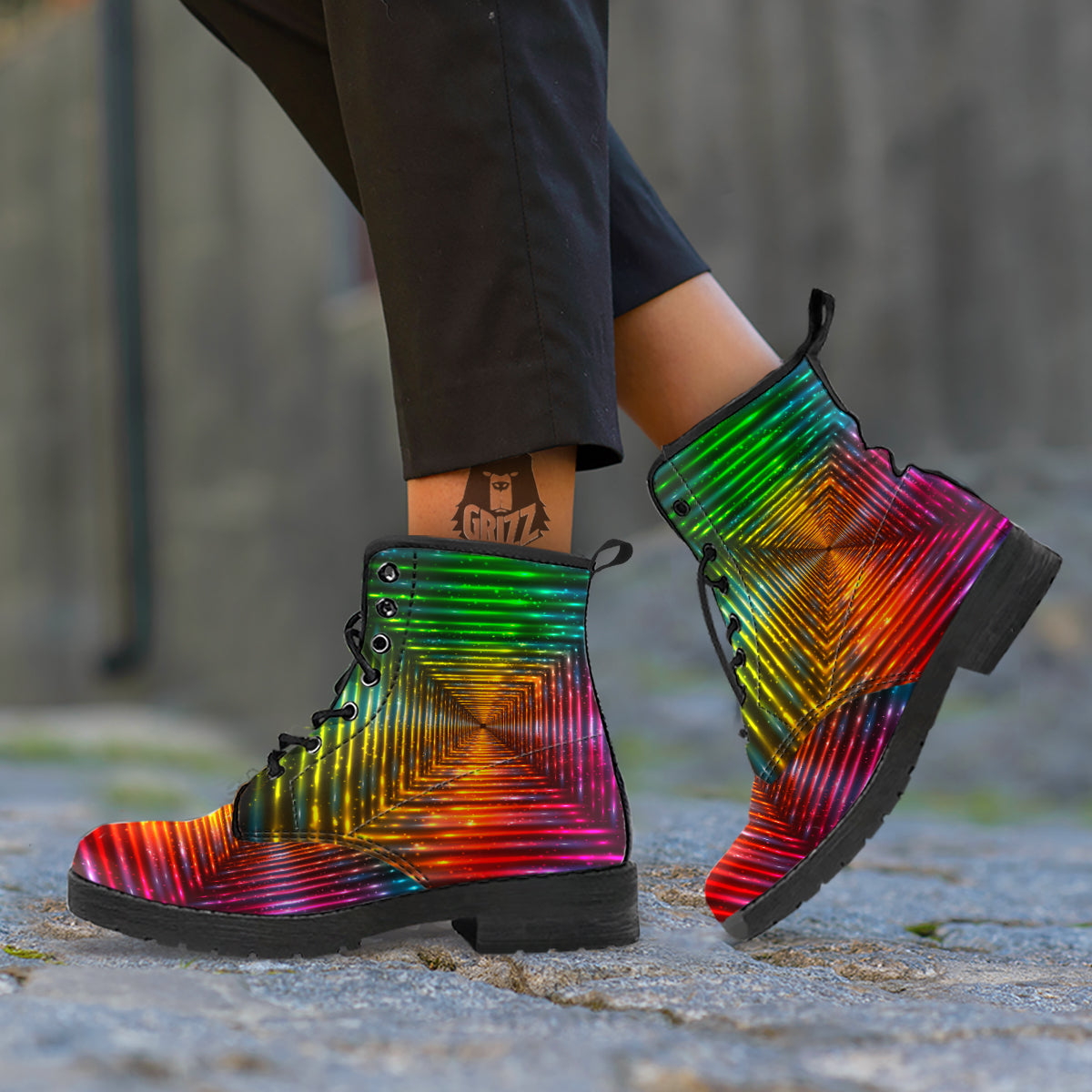 Shining Lights Rainbow Colors Neon Print Leather Boots-grizzshop