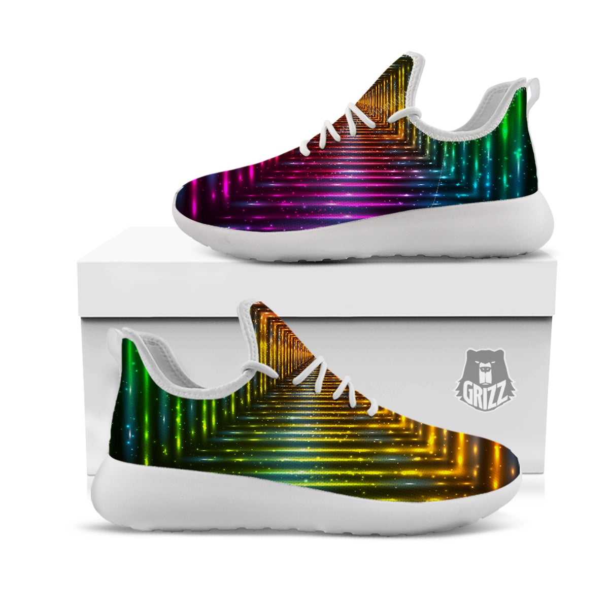 Shining Lights Rainbow Colors Neon Print White Athletic Shoes-grizzshop