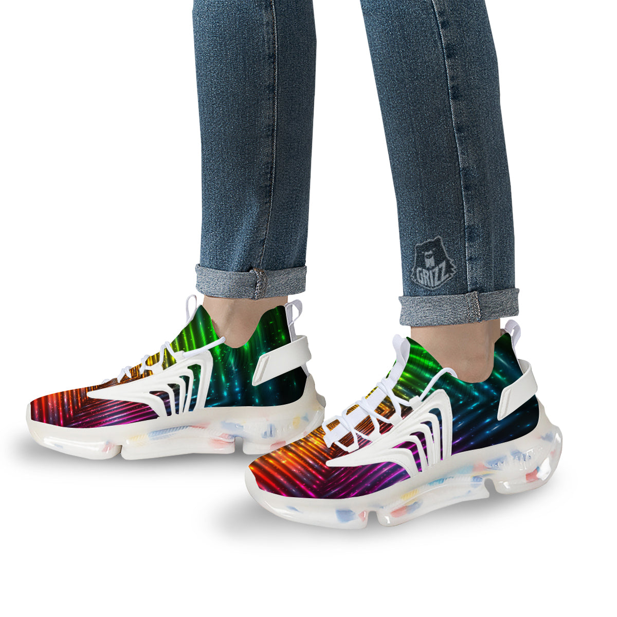 Shining Lights Rainbow Colors Neon Print White Gym Shoes-grizzshop