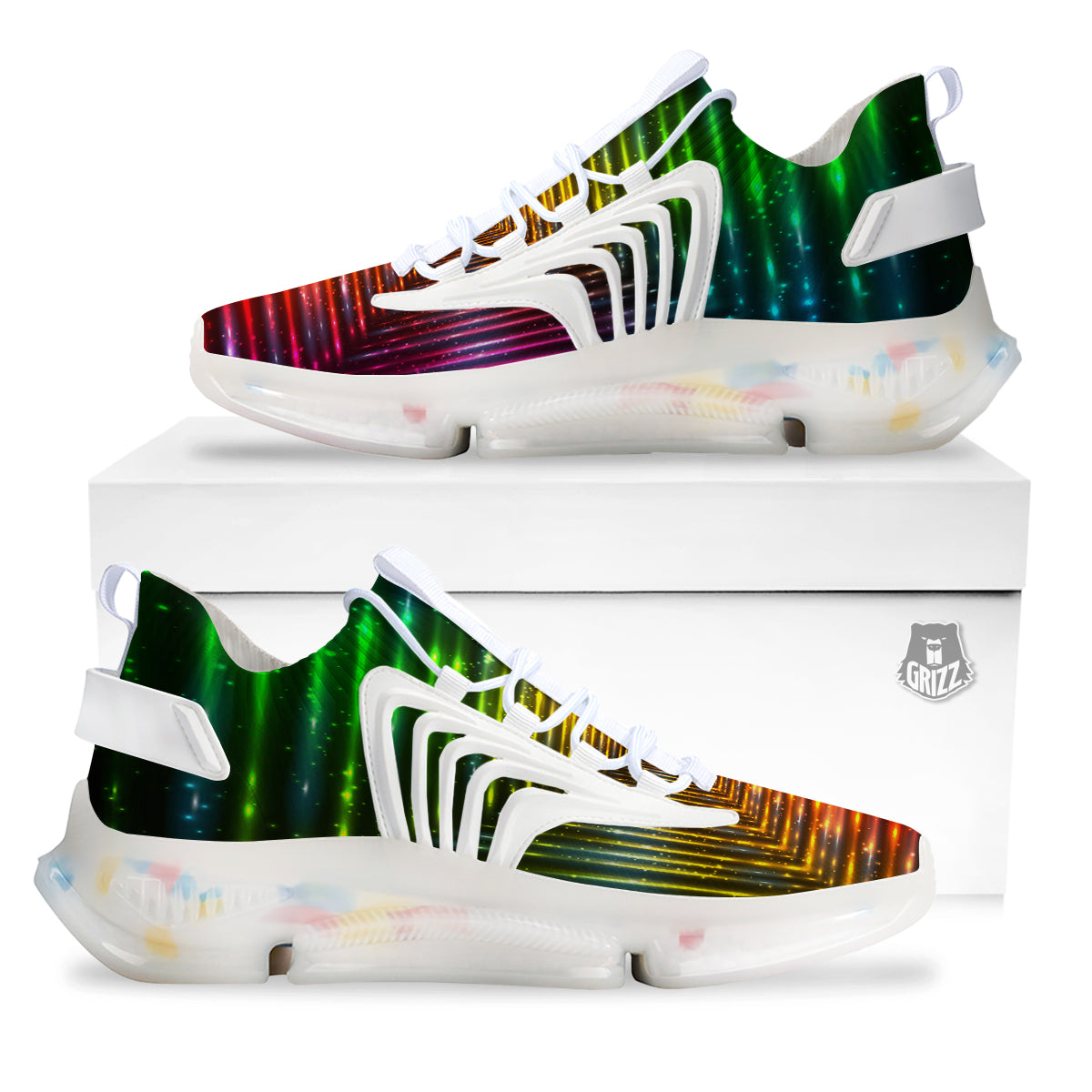 Shining Lights Rainbow Colors Neon Print White Gym Shoes-grizzshop