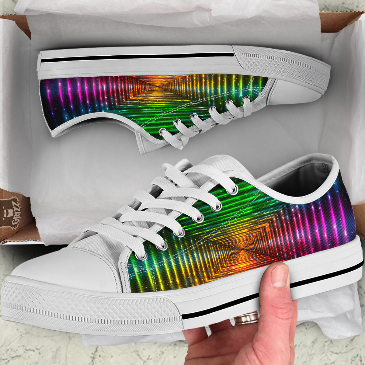 Shining Lights Rainbow Colors Neon Print White Low Top Shoes-grizzshop