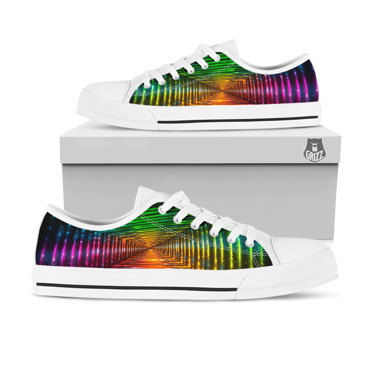 Shining Lights Rainbow Colors Neon Print White Low Top Shoes-grizzshop