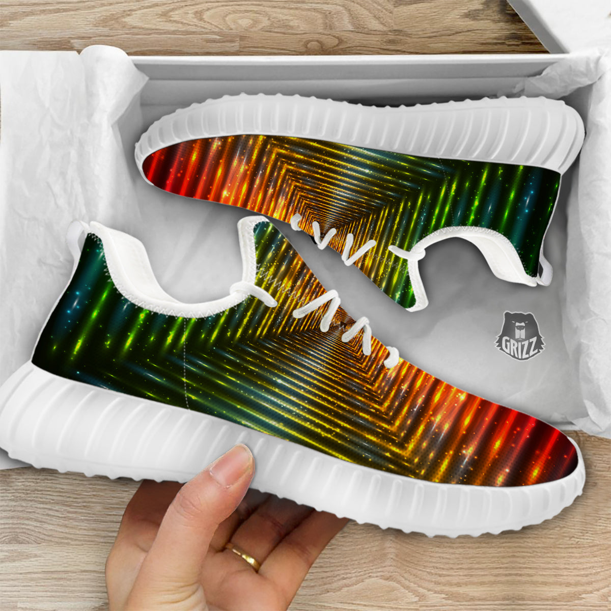 Shining Lights Rainbow Colors Neon Print White Walking Shoes-grizzshop