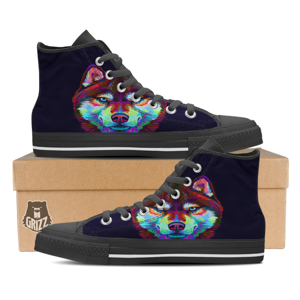 Siberian Husky Colorful Print Black High Top Shoes-grizzshop