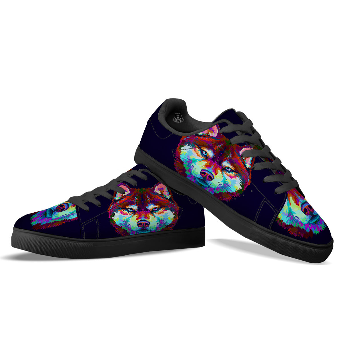 Siberian Husky Colorful Print Black Low Top Sneakers-grizzshop
