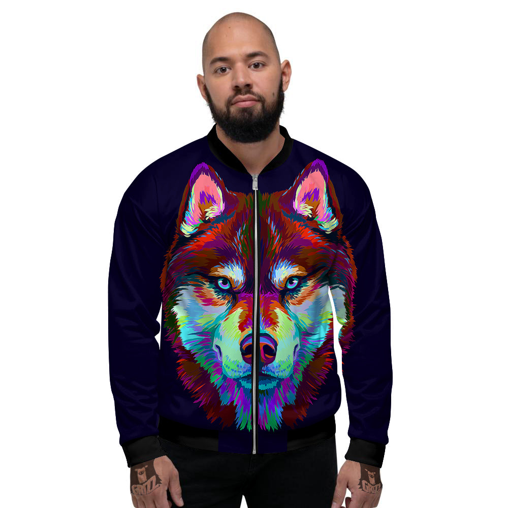 Siberian Husky Colorful Print Men's Bomber Jacket-grizzshop