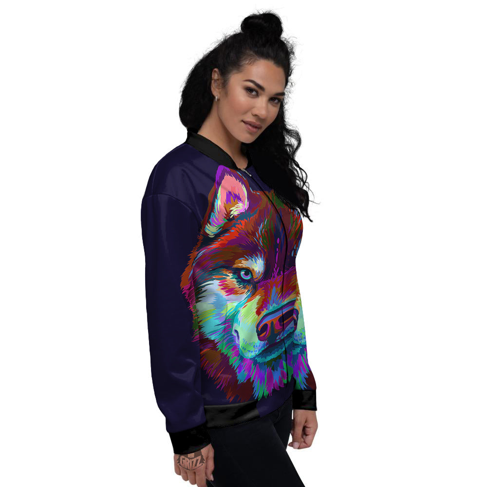 Siberian Husky Colorful Print Women's Bomber Jacket-grizzshop