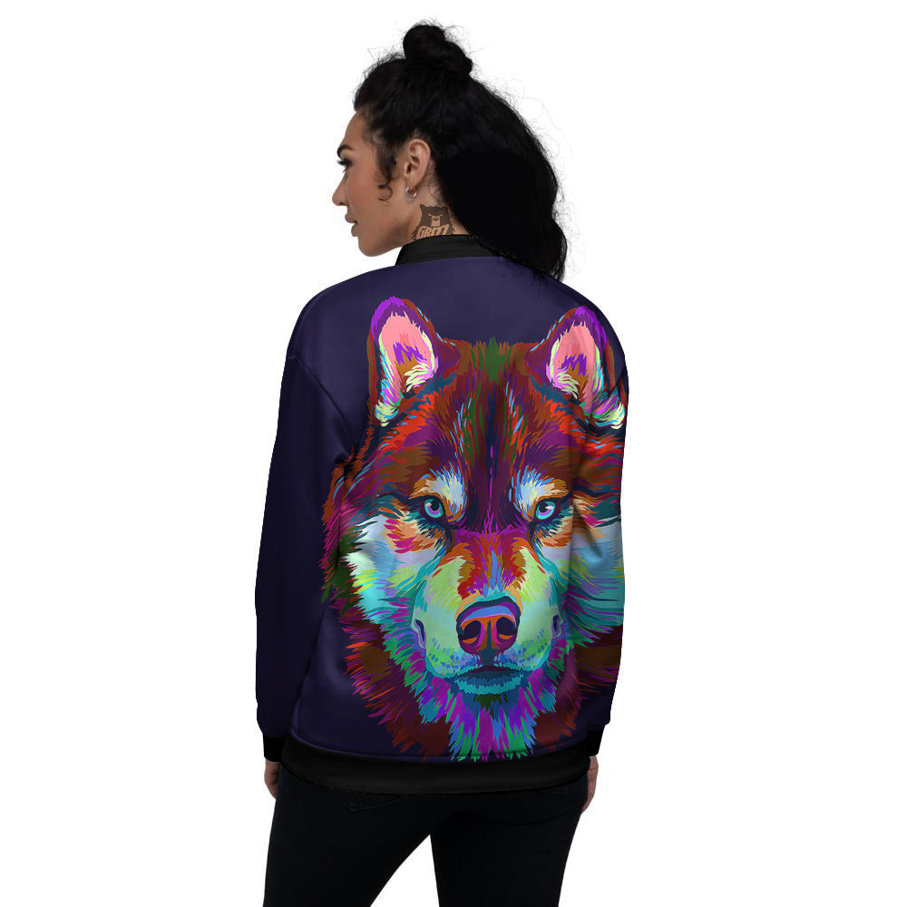 Siberian Husky Colorful Print Women's Bomber Jacket-grizzshop