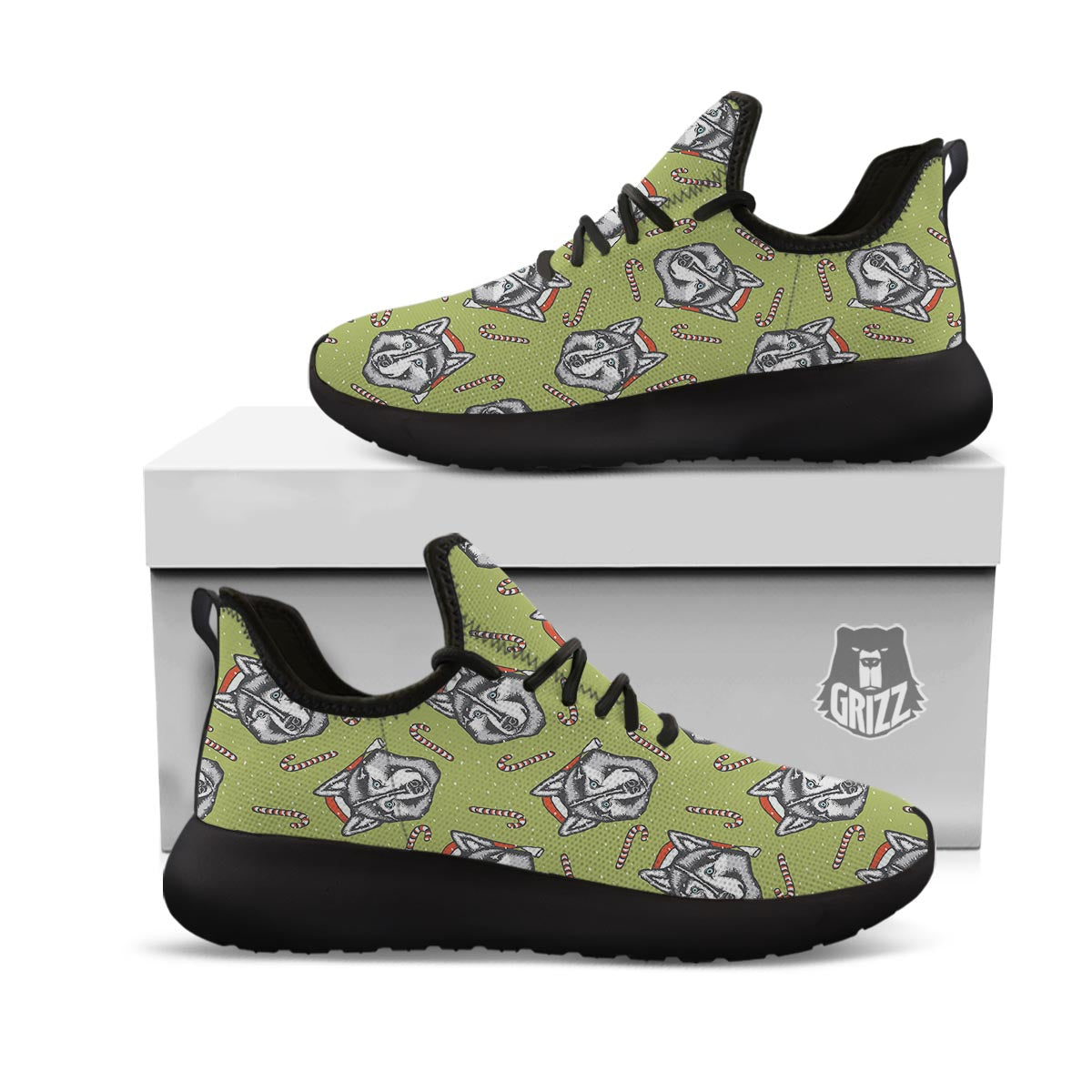 Siberian Husky Santa Print Pattern Black Athletic Shoes-grizzshop