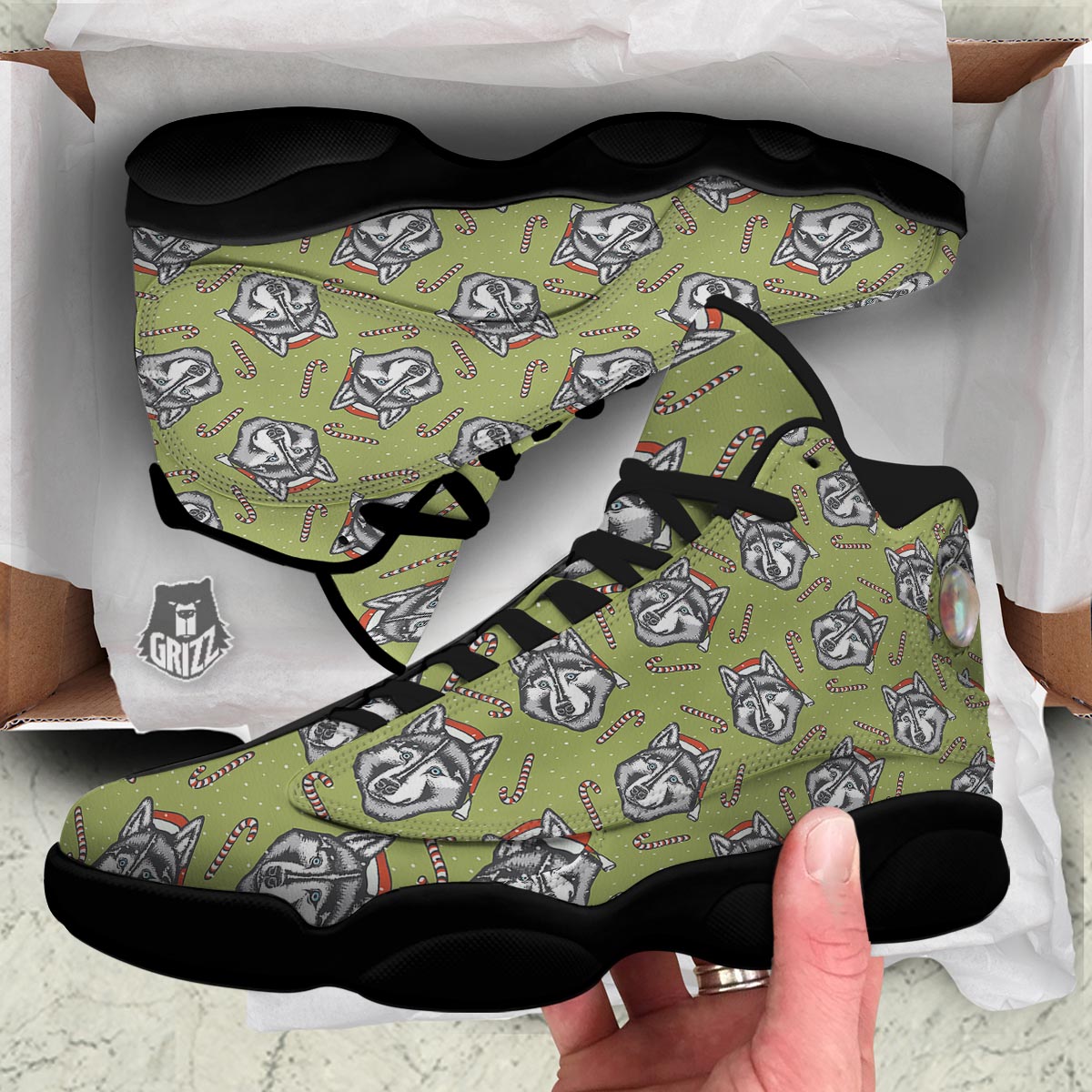 Siberian Husky Santa Print Pattern Black Basketball Shoes-grizzshop