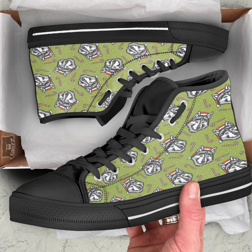 Siberian Husky Santa Print Pattern Black High Top Shoes-grizzshop