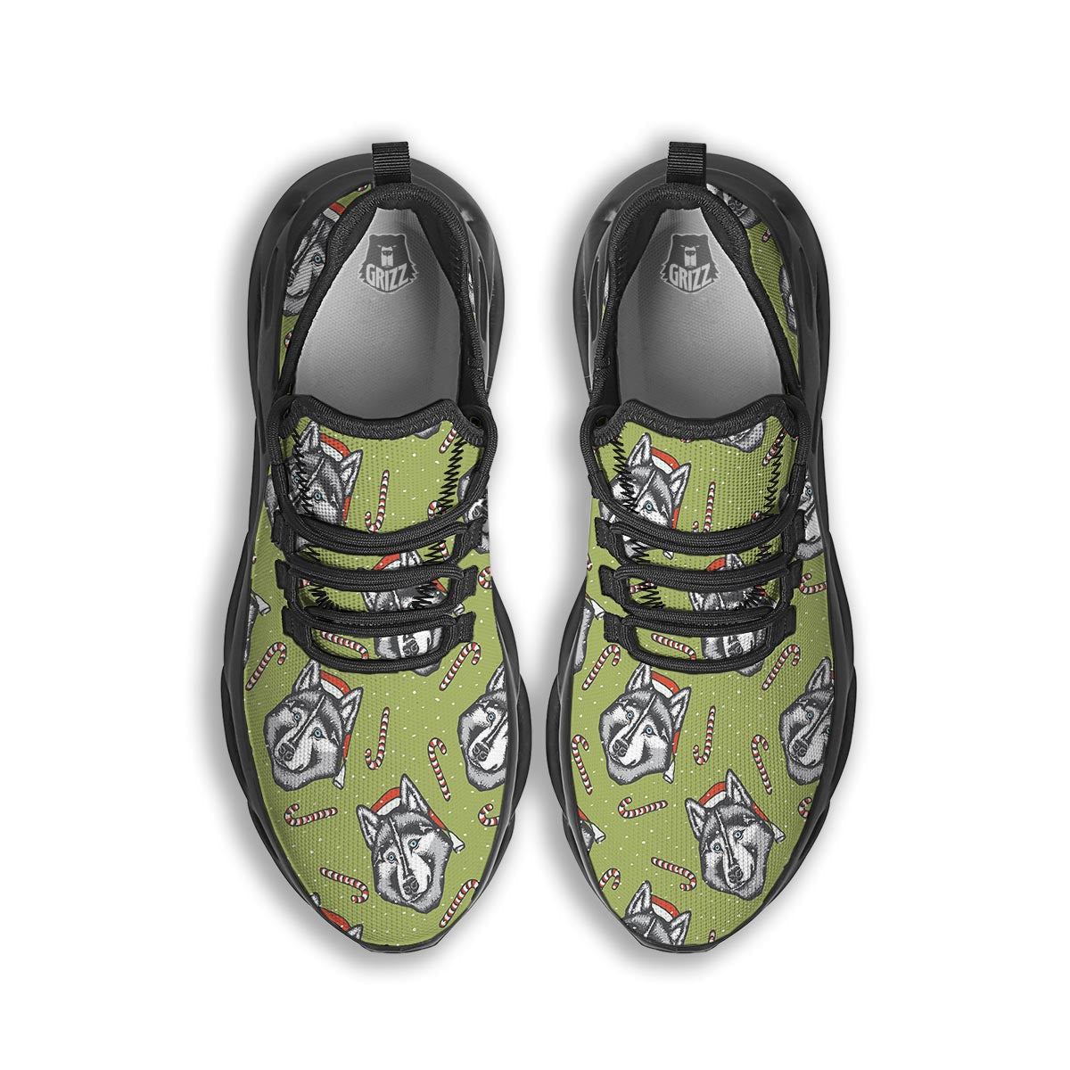 Siberian Husky Santa Print Pattern Black Running Shoes-grizzshop