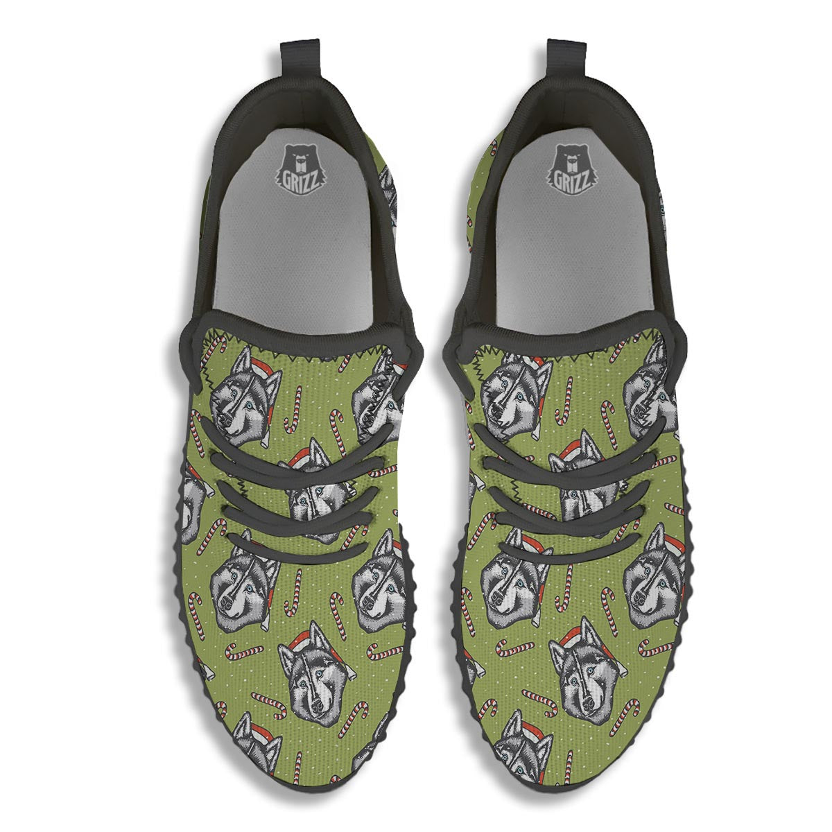 Siberian Husky Santa Print Pattern Black Walking Shoes-grizzshop