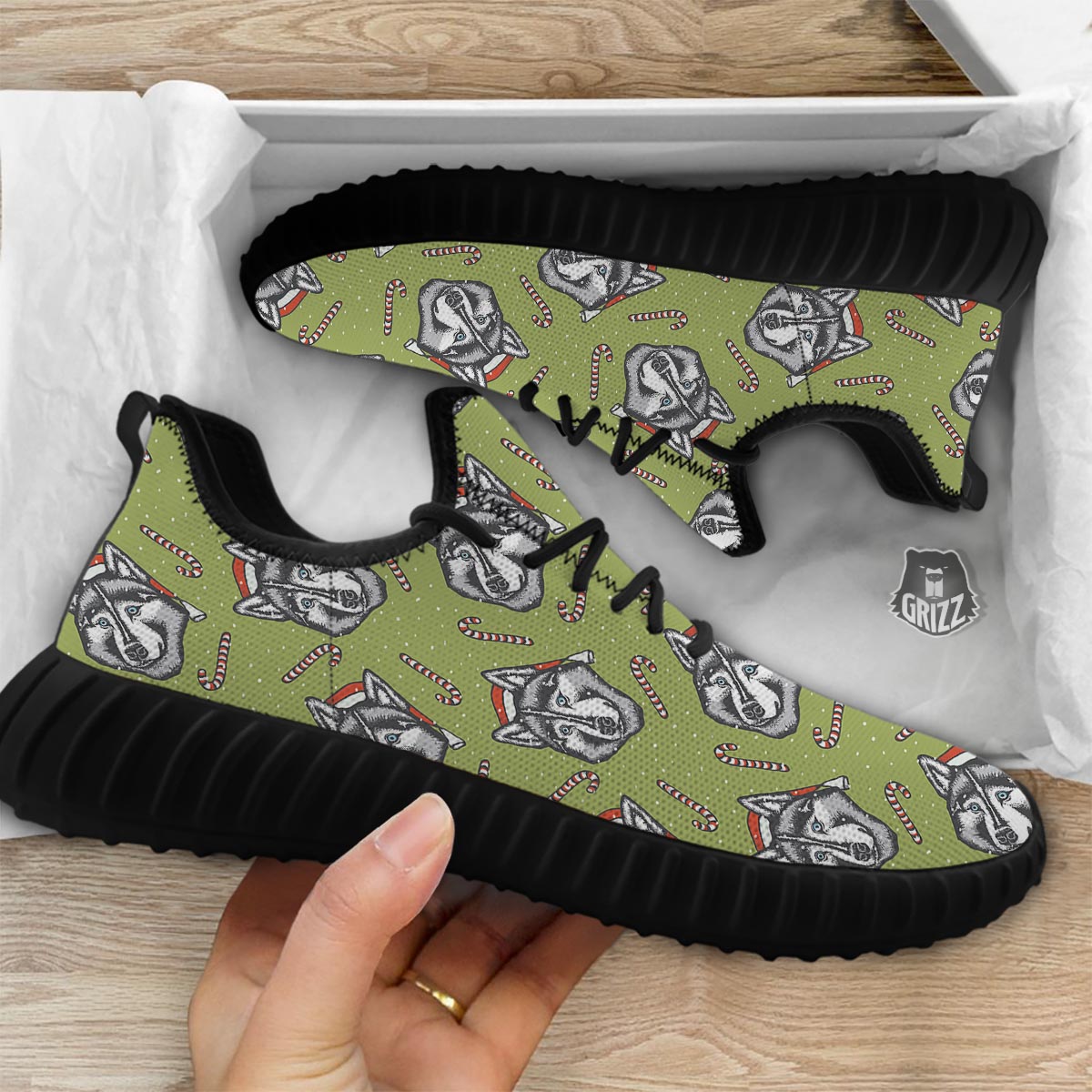 Siberian Husky Santa Print Pattern Black Walking Shoes-grizzshop