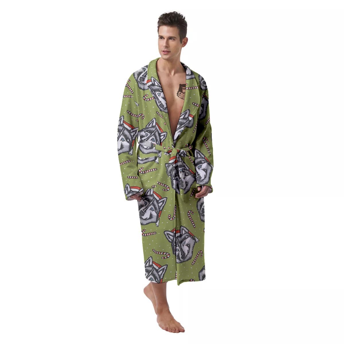Siberian Husky Santa Print Pattern Men's Robe-grizzshop