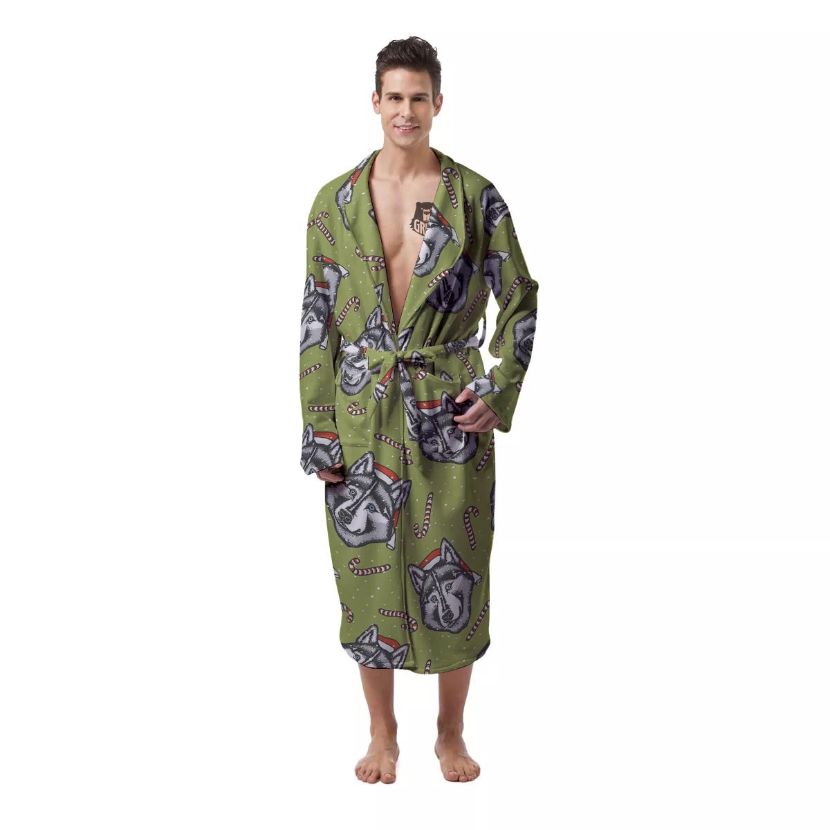 Siberian Husky Santa Print Pattern Men's Robe-grizzshop