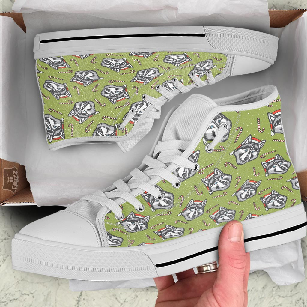 Siberian Husky Santa Print Pattern White High Top Shoes-grizzshop