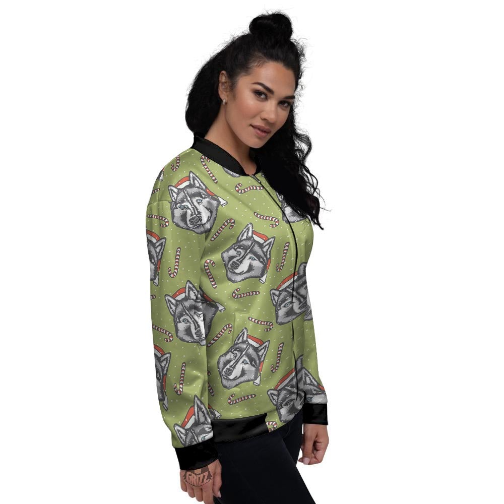 Siberian Husky Santa Print Pattern Women's Bomber Jacket-grizzshop