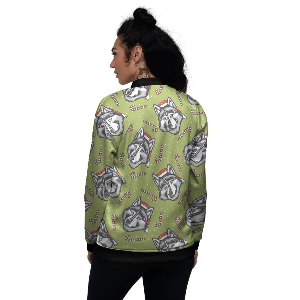 Siberian Husky Santa Print Pattern Women's Bomber Jacket-grizzshop