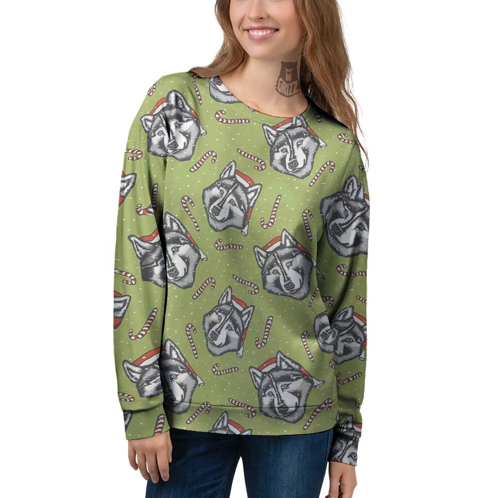Siberian Husky Santa Print Pattern Women's Sweatshirt-grizzshop