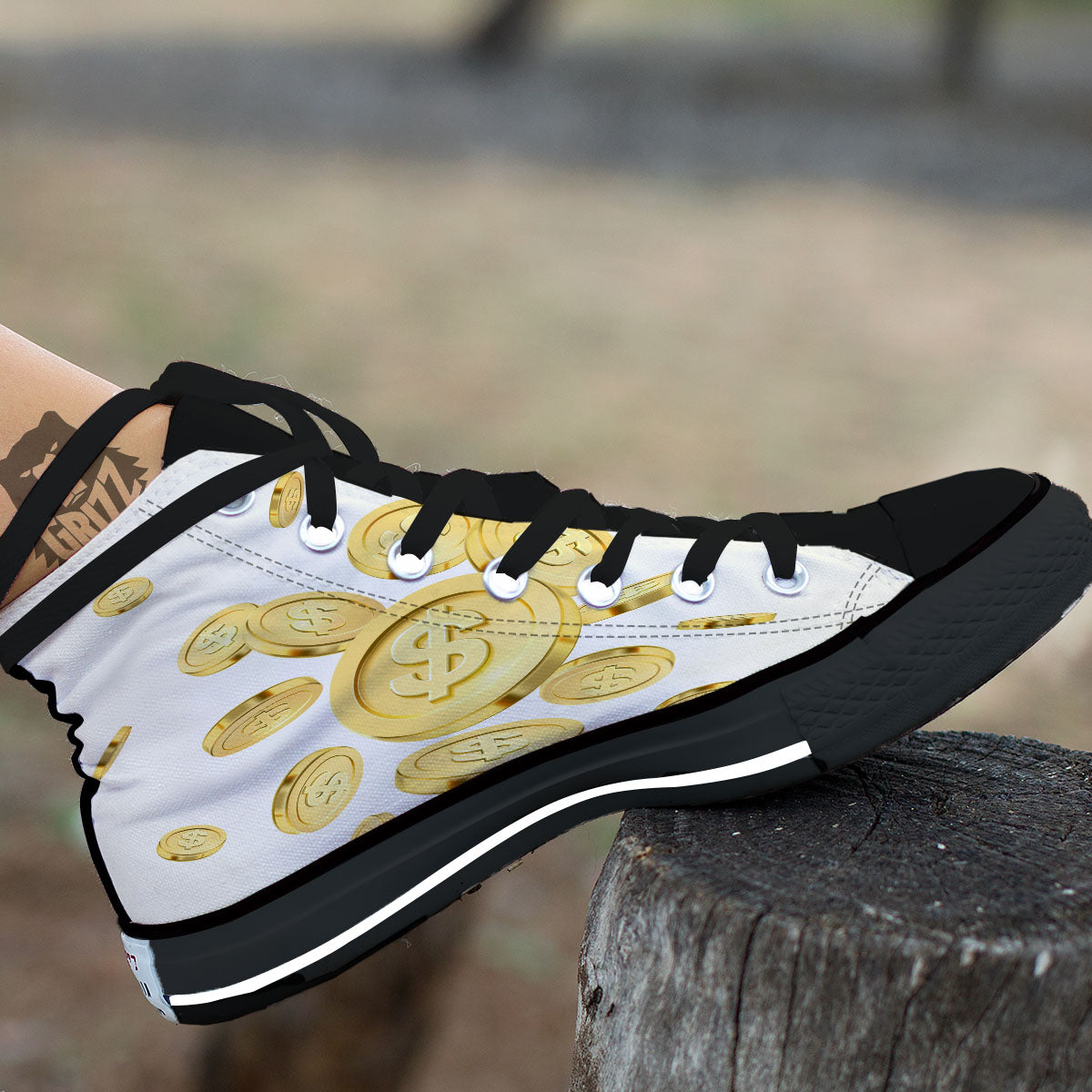 Sign Explosion Golden Dollar Print Black High Top Shoes-grizzshop