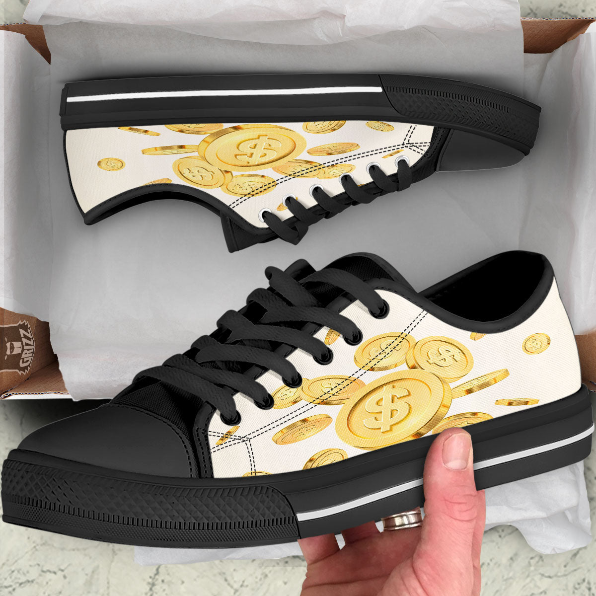 Sign Explosion Golden Dollar Print Black Low Top Shoes-grizzshop