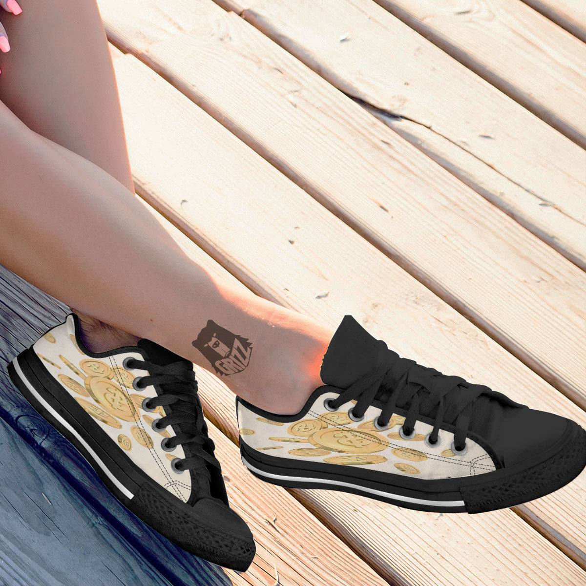 Sign Explosion Golden Dollar Print Black Low Top Shoes-grizzshop