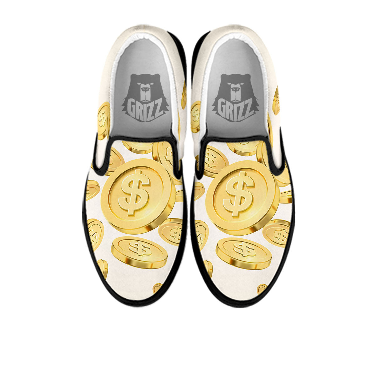 Sign Explosion Golden Dollar Print Black Slip On Shoes-grizzshop