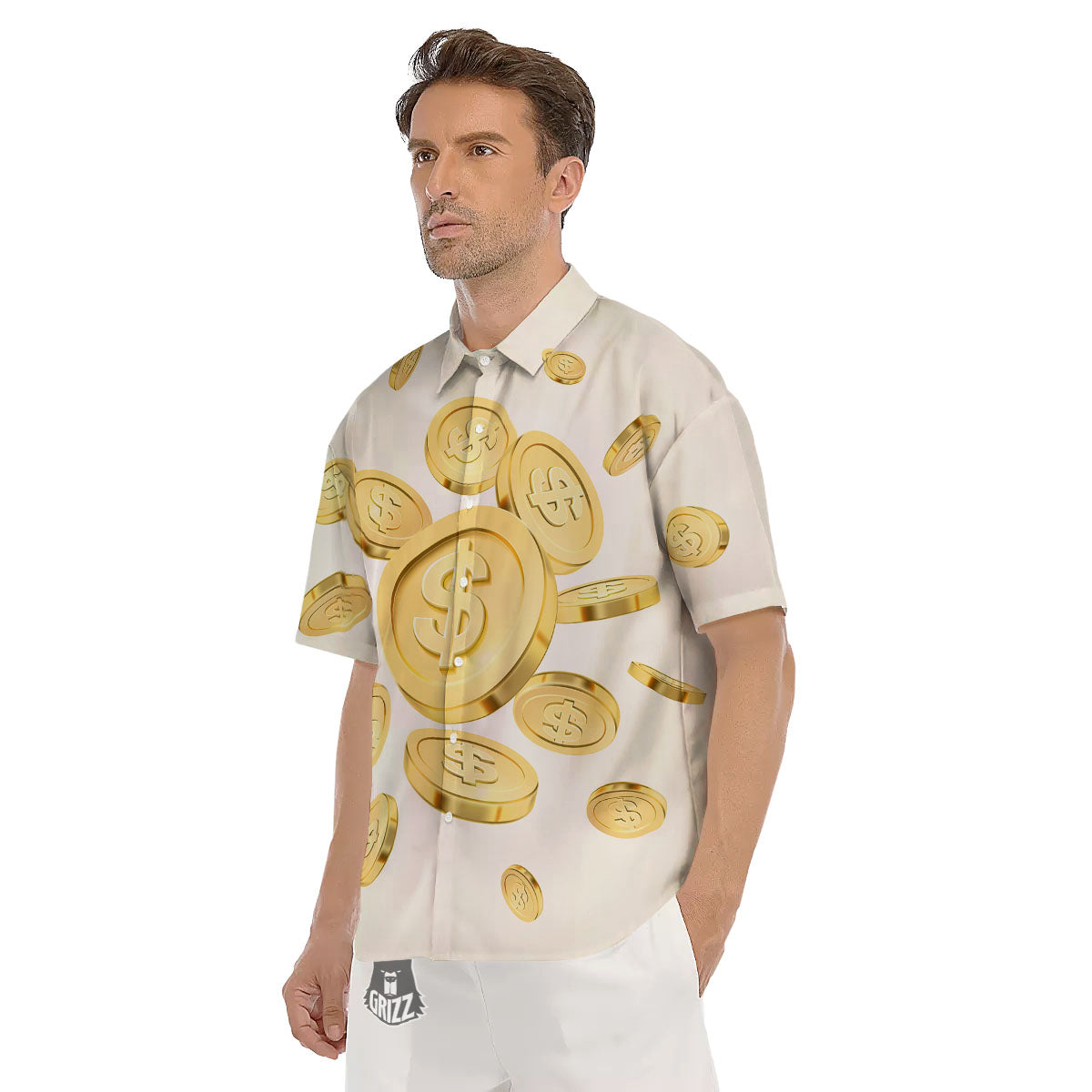 Sign Explosion Golden Dollar Print Men's Short Sleeve Shirts-grizzshop