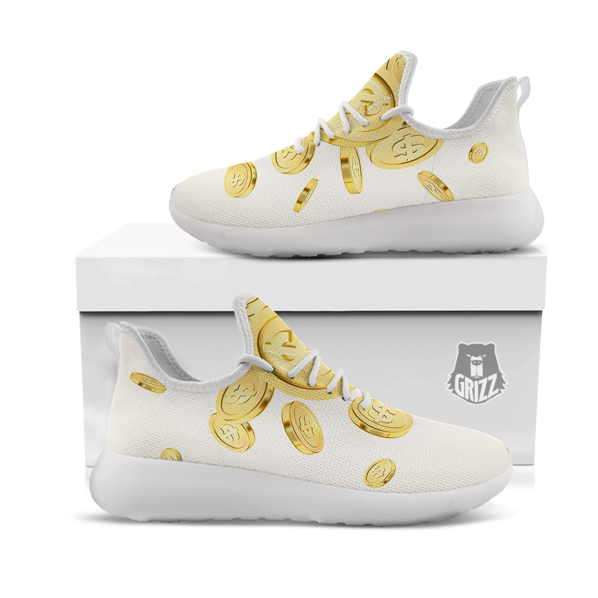 Sign Explosion Golden Dollar Print White Athletic Shoes-grizzshop