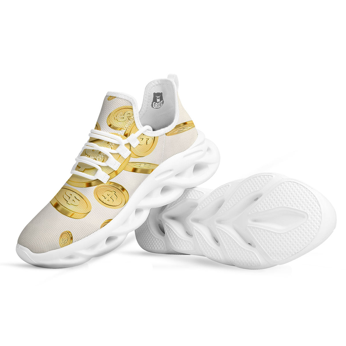 Sign Explosion Golden Dollar Print White Running Shoes-grizzshop