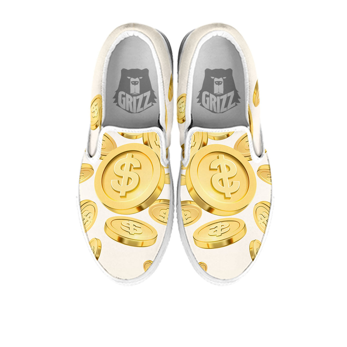 Sign Explosion Golden Dollar Print White Slip On Shoes-grizzshop