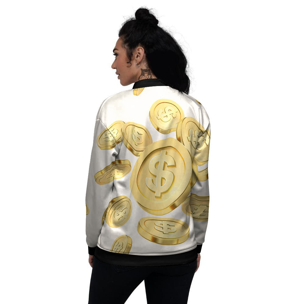 Sign Explosion Golden Dollar Print Women's Bomber Jacket-grizzshop