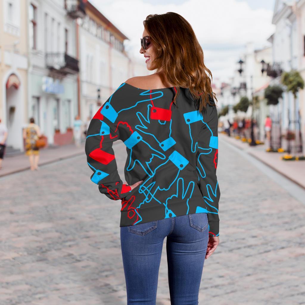 Sign Language Pattern Print Women Off Shoulder Sweatshirt-grizzshop
