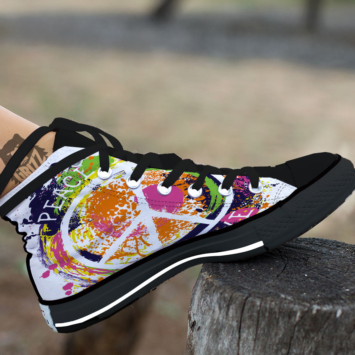 Sign Peace Rasta Print Black High Top Shoes-grizzshop