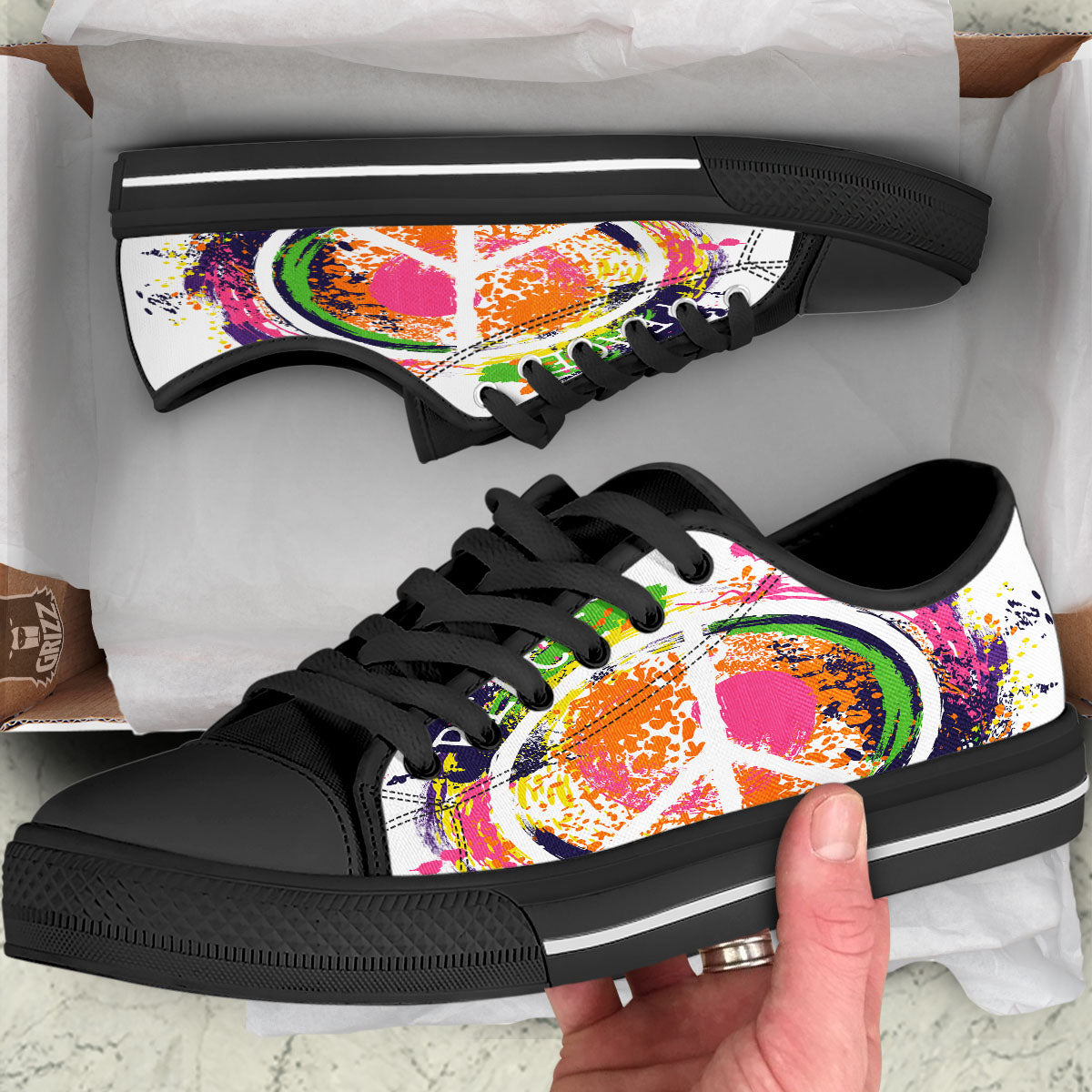 Sign Peace Rasta Print Black Low Top Shoes-grizzshop