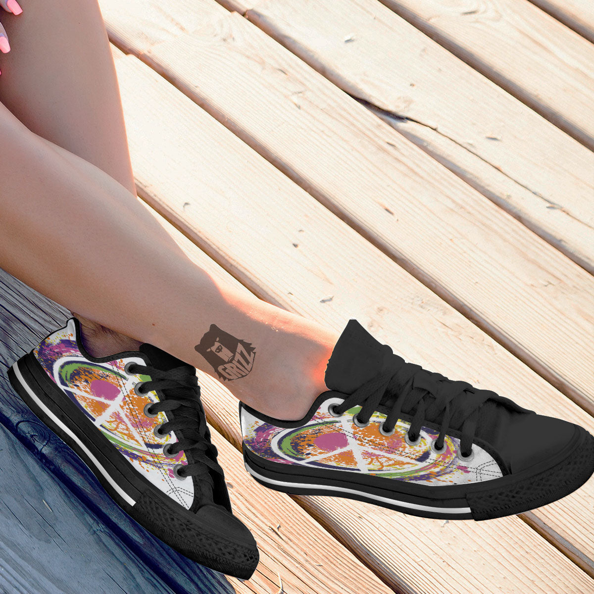 Sign Peace Rasta Print Black Low Top Shoes-grizzshop