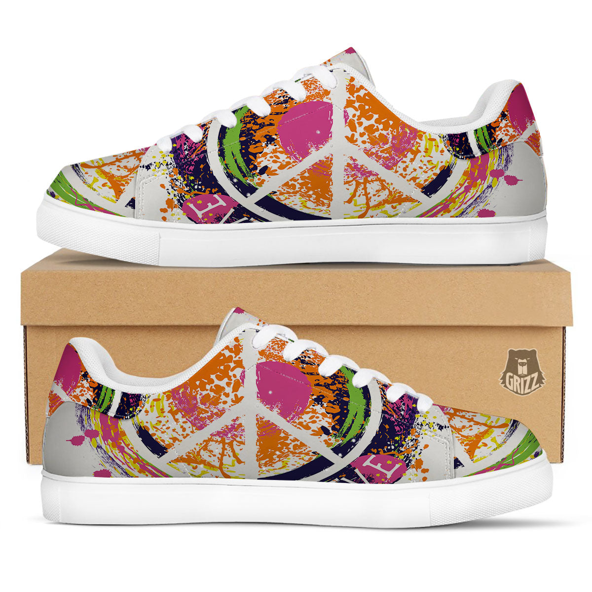 Sign Peace Rasta Print White Low Top Sneakers-grizzshop