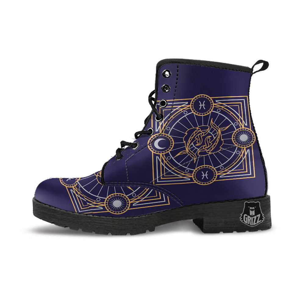 Signs Astrological And Pisces Print Leather Boots-grizzshop
