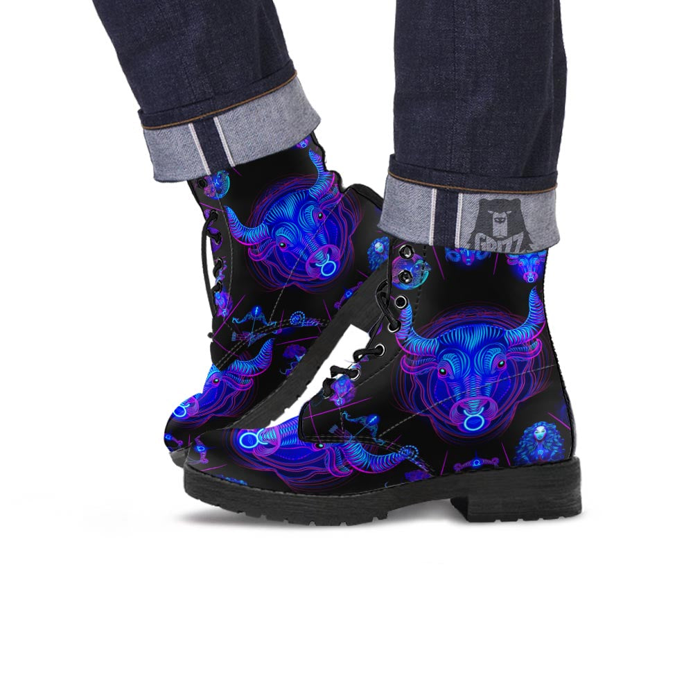 Signs Astrological And Taurus Print Leather Boots-grizzshop