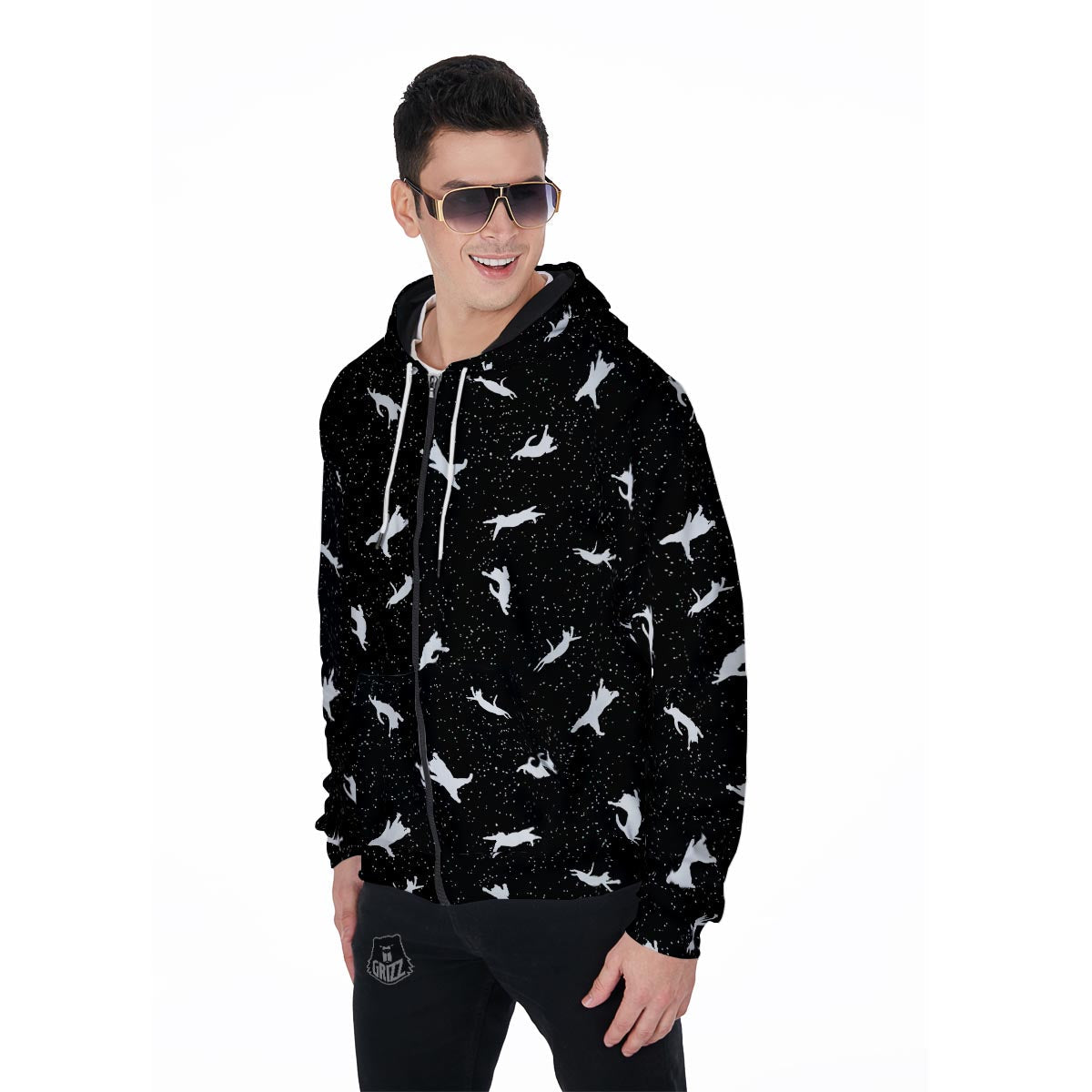 Silhouette Cat Print Men's Zip Up Hoodie-grizzshop