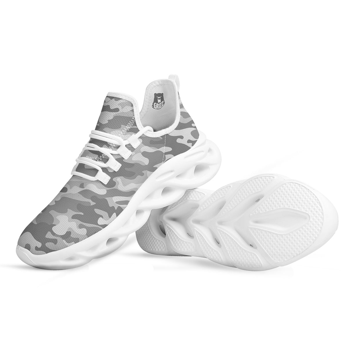 Silver Camo And Camouflage Print White Running Shoes-grizzshop