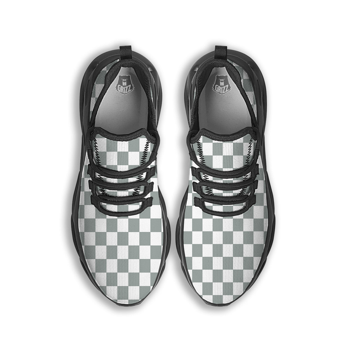 Silver Checkered Flag Print Black Running Shoes-grizzshop